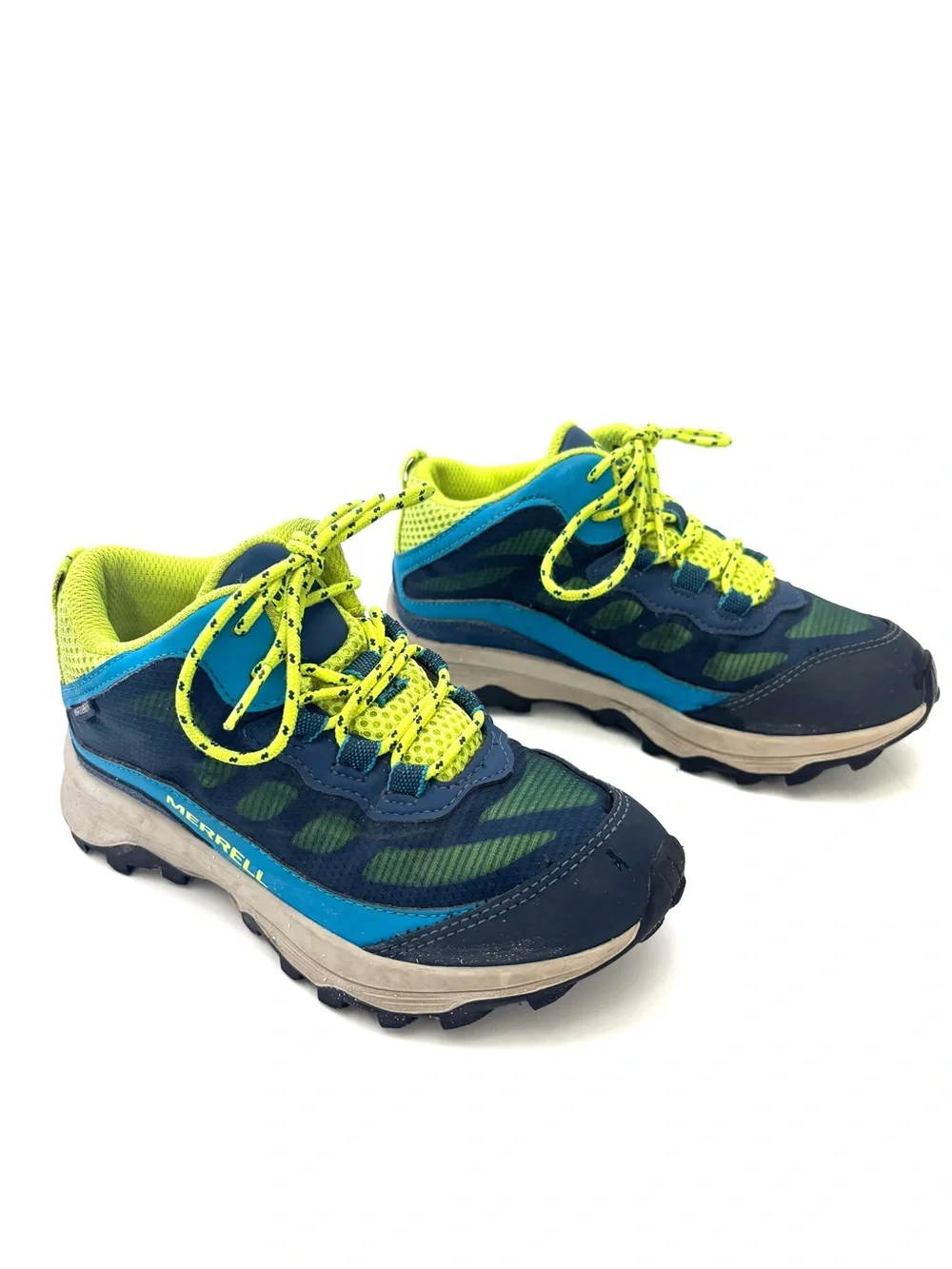 Merrell Youth Moab Speed 2 Mid Navy/Hi-Viz Waterproof Hiking Boot/Sneaker Sz 1